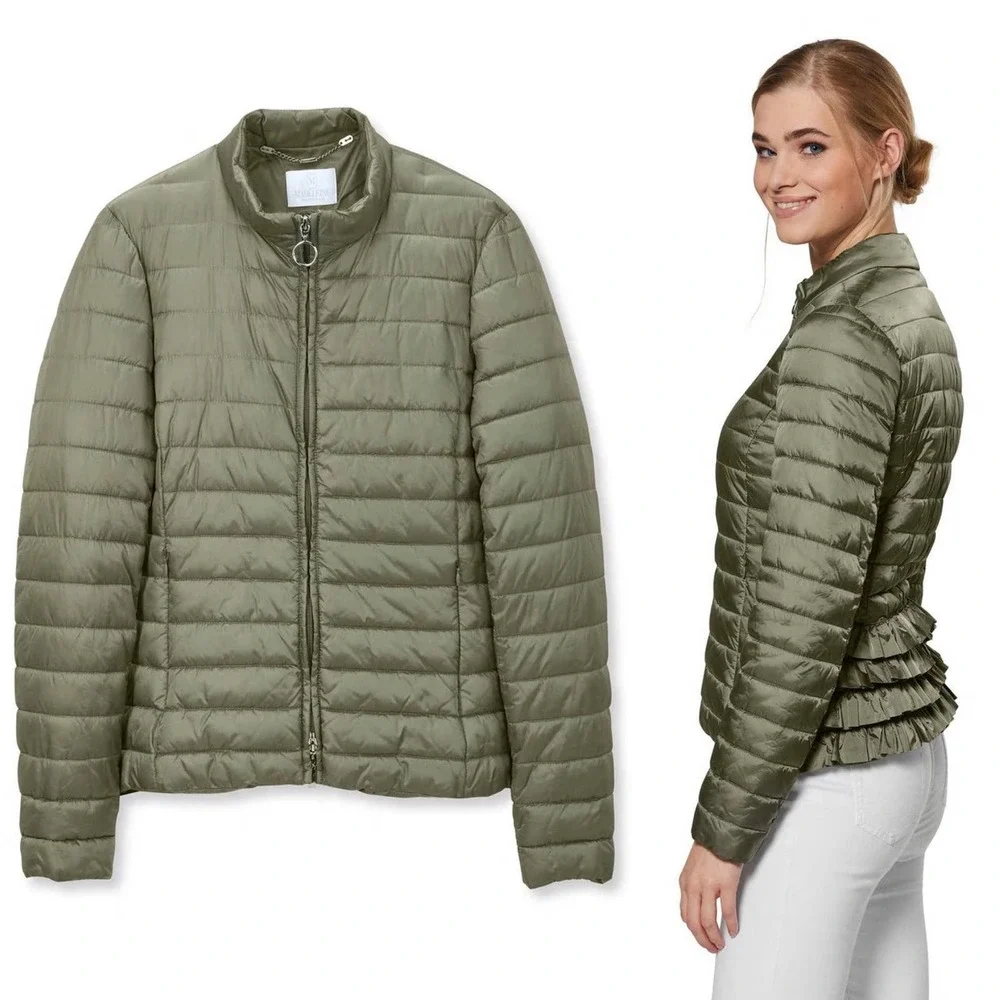 NWOT Madeleine Quilted Jacket Sage‎ Green Size 16 Puffer Full Zip Ruffle Back